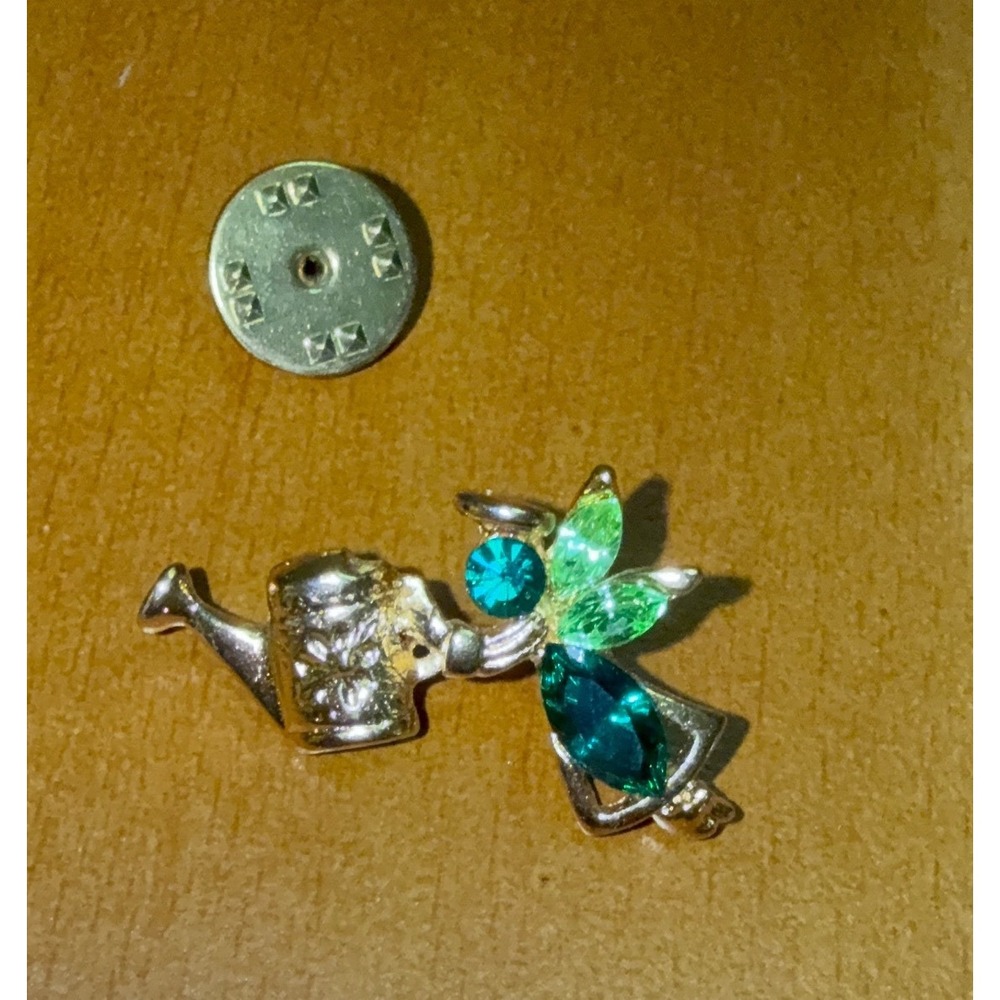 Vintage Gold Tone Fairy Angel Watering Can Pin Green Rhinestone Garden Brooch